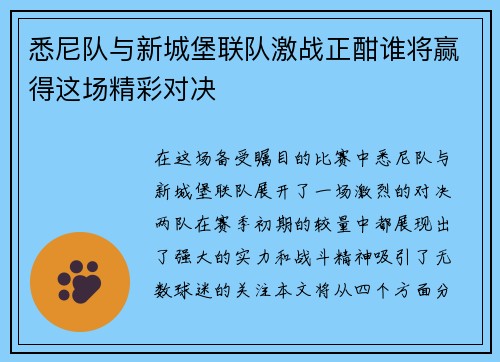 悉尼队与新城堡联队激战正酣谁将赢得这场精彩对决